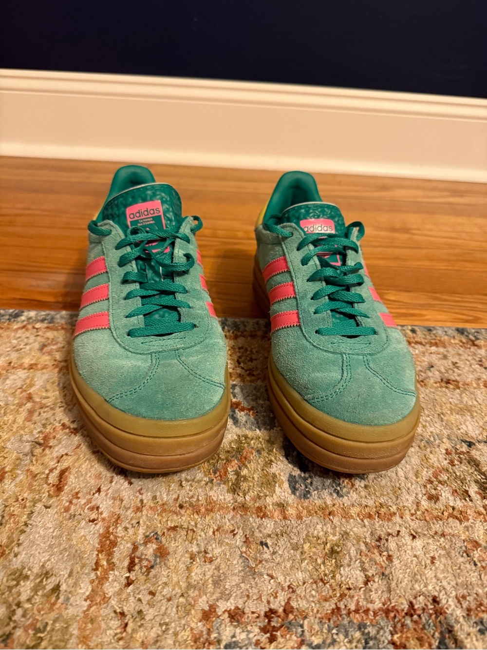 adidas Green Suede Platform Sneakers with Pink Stripes